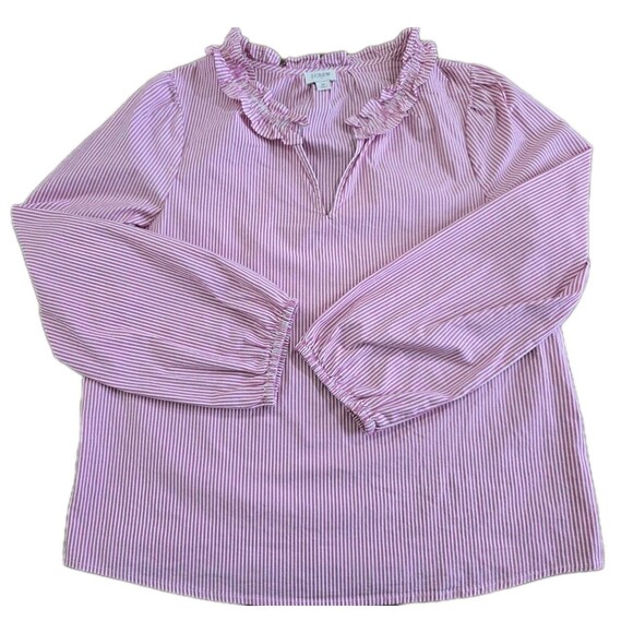 J. Crew Pink Striped Peasant Top Split Neck Ruffle Size Medium Long Sleeve - Picture 11 of 11